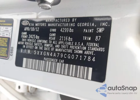 2012 Kia Optima Ex z USA, uszkodzony, nr VIN 5XXGN4A79CG071784